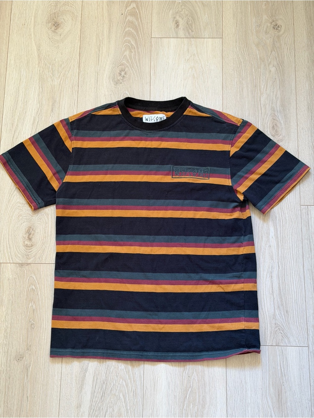 Striped Short-Sleeve Tee in Black with Mustard & Rust Stripes